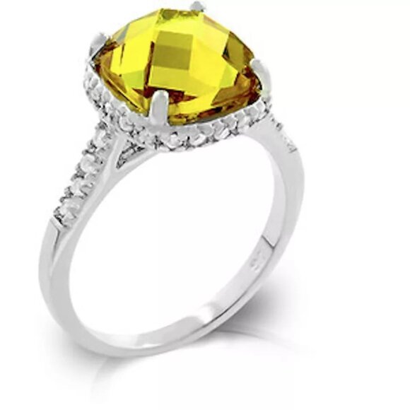 Canary Yellow Cubic Zirconia Halo Cocktail Ring Size 9 Silver Rhodium Plated - Picture 4 of 5
